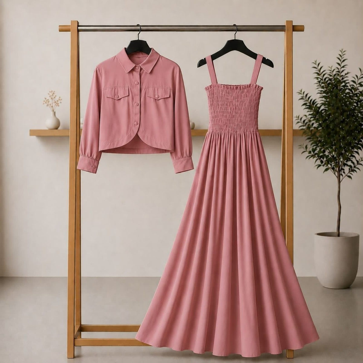 Elegant Co-ord Dress and Jacket Set - L, Beige
