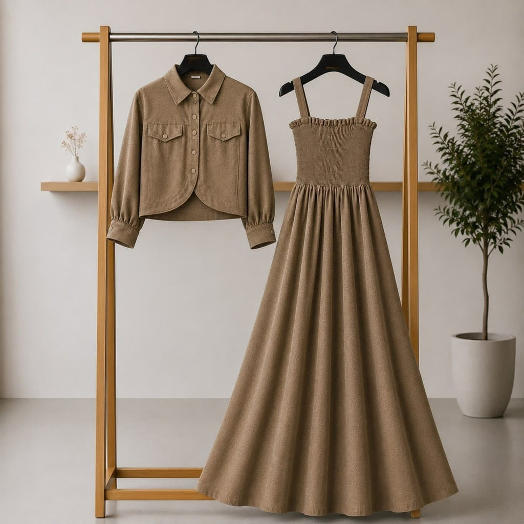 Elegant Co-ord Dress and Jacket Set - L, Beige