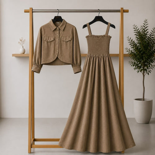 Elegant Co-ord Dress and Jacket Set - L, Beige