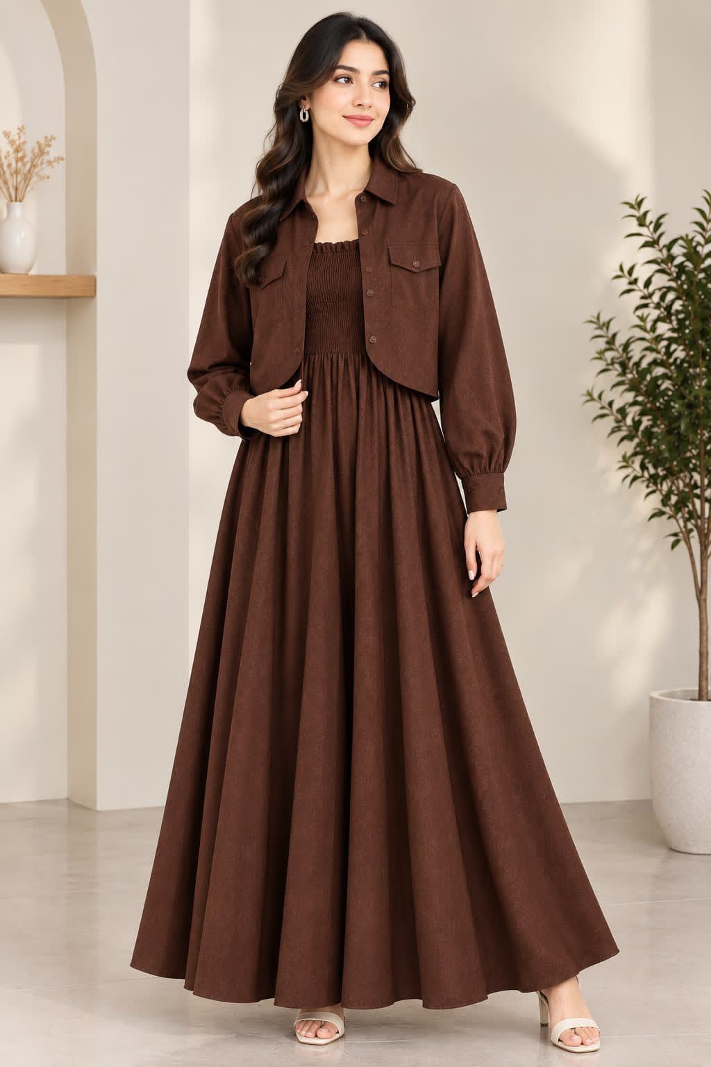 Elegant Co-ord Dress and Jacket Set - L, Beige