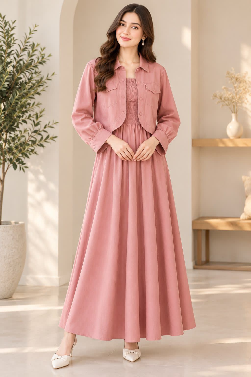 Elegant Co-ord Dress and Jacket Set - L, Beige